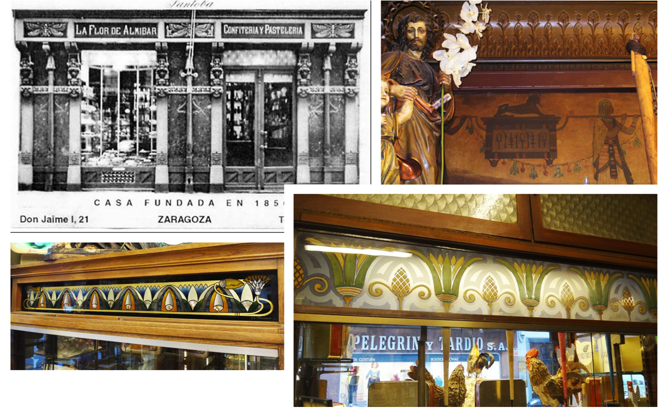 Detalles de la decoración egipcia en la fachada y el interior de la pastelería Fantoba. 