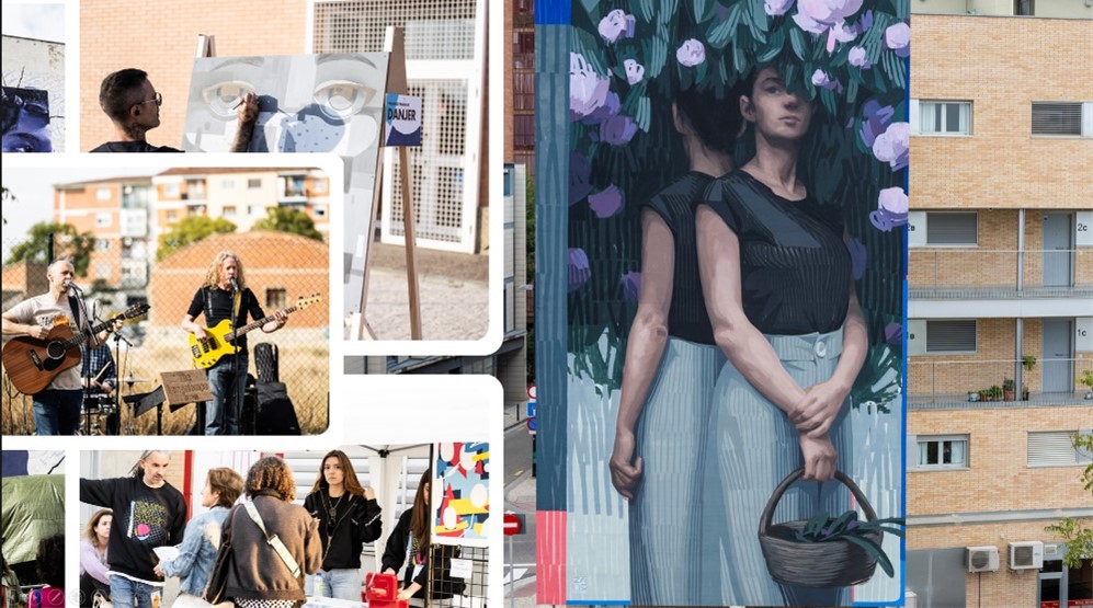 Composición de imágenes con los murales del Festival Asalto 2022. Artistas realizan obra en vivo. Música en directo. Un mural de una mujer con una cesta delante de unas flores. 